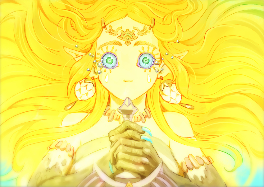 1girl, armlet, bare_shoulders, blonde_hair, blue_nails, blue_sclera, claws, colored_sclera