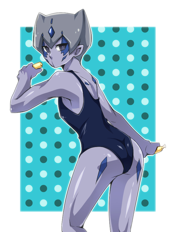 1girl, ass, black_one-piece_swimsuit, breasts, colored_skin, durbe_(yu-gi-oh!), genderswap, genderswap_(mtf)