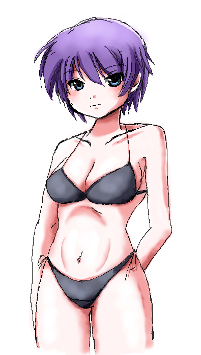 1girl, bad_id, bad_pixiv_id, bikini, blue_eyes, breasts, cleavage, female_focus