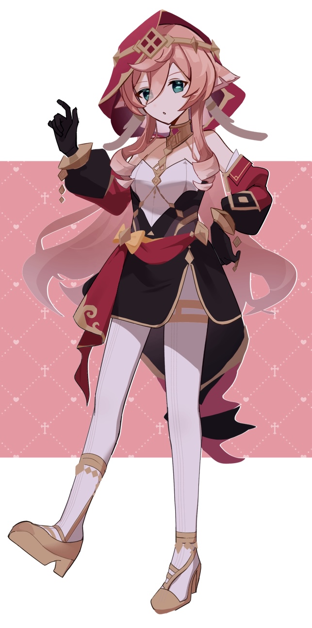 1girl, :o, black_gloves, black_skirt, blush, bracelet, cosplay, detached_sleeves