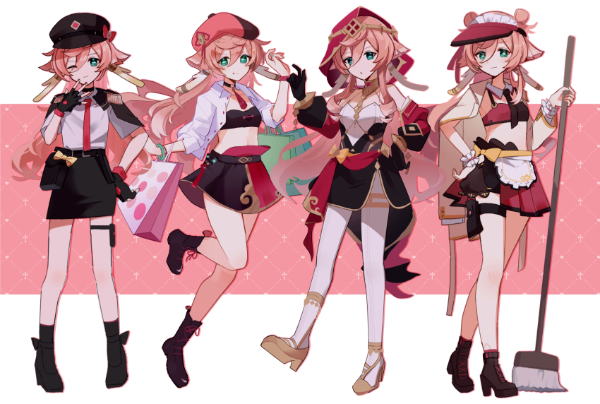 4girls, :o, apron, arm_garter, bandeau, bare_legs, beret, black_gloves