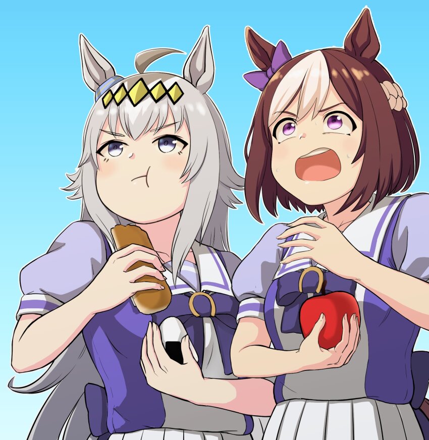 2girls, :o, :t, ahoge, animal_ears, apple, blue_background, blue_eyes