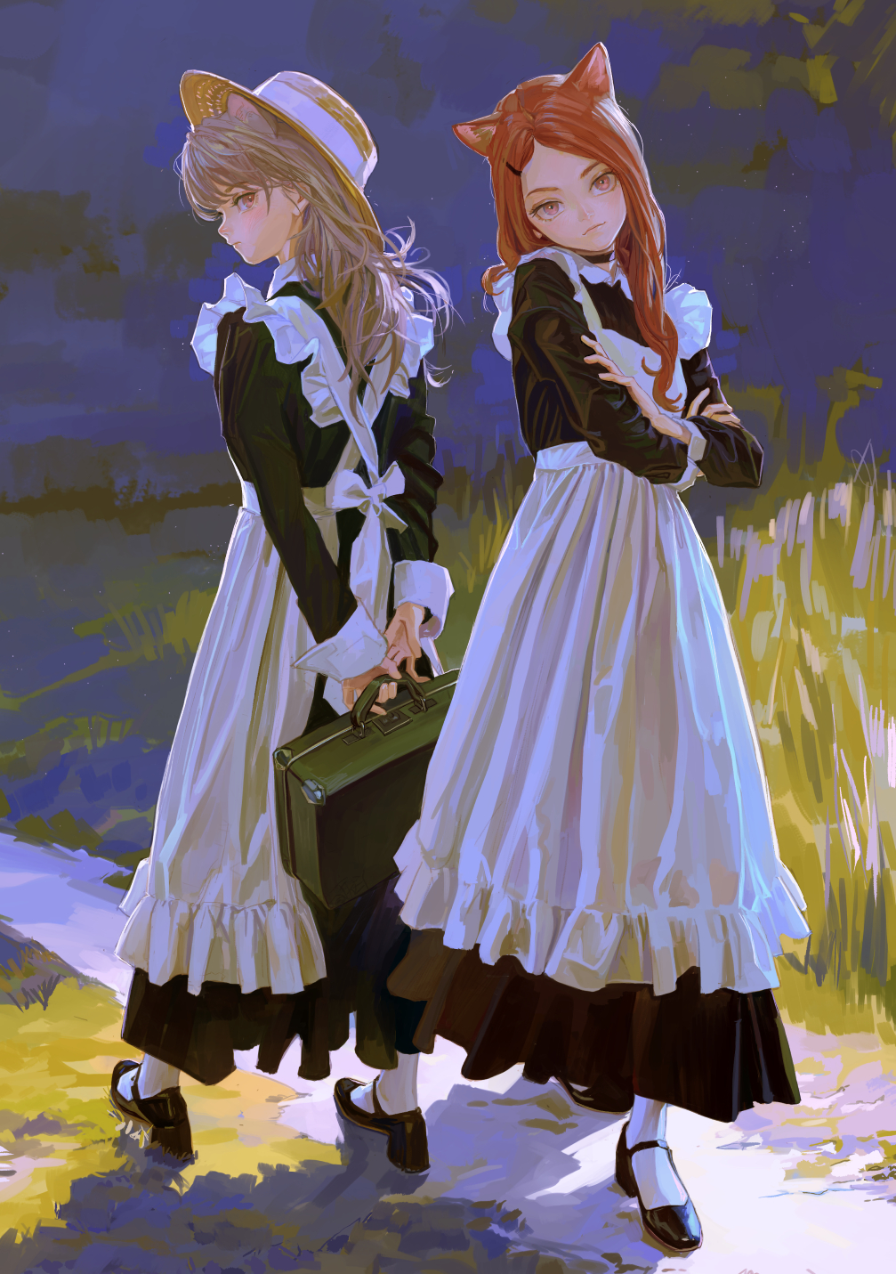 2girls, apron, arms_behind_back, black_choker, black_dress, black_footwear, briefcase, choker