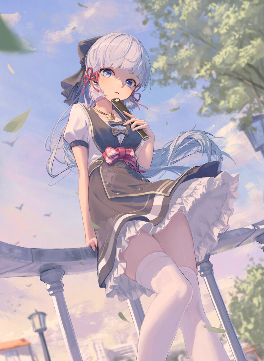 1girl, absurdres, alternate_costume, aton_(aton2503), ayaka_(genshin_impact), bird, black_bow, black_skirt