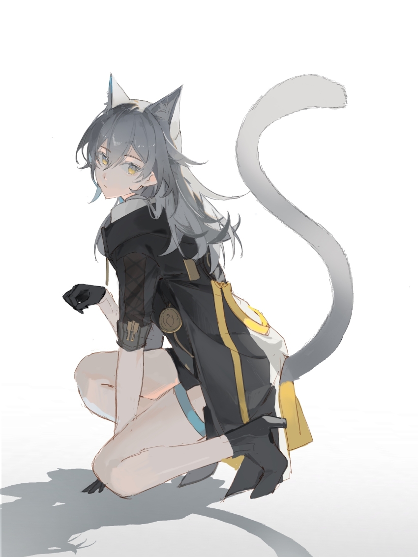 1girl, animal_ears, between_legs, black_footwear, black_gloves, black_jacket, cat_ears, cat_girl, cat_tail, from_side, full_body, gloves, grey_hair, hand_between_legs, heqing, high_heels, highres, honkai:_star_rail, honkai_(series), hood, hood_down, hooded_jacket, jacket, kemonomimi_mode, looking_at_viewer, medium_hair, paw_pose, shadow, simple_background, solo, squatting, stelle_(honkai:_star_rail), tail, thigh_strap, trailblazer_(honkai:_star_rail), white_background, yellow_eyes