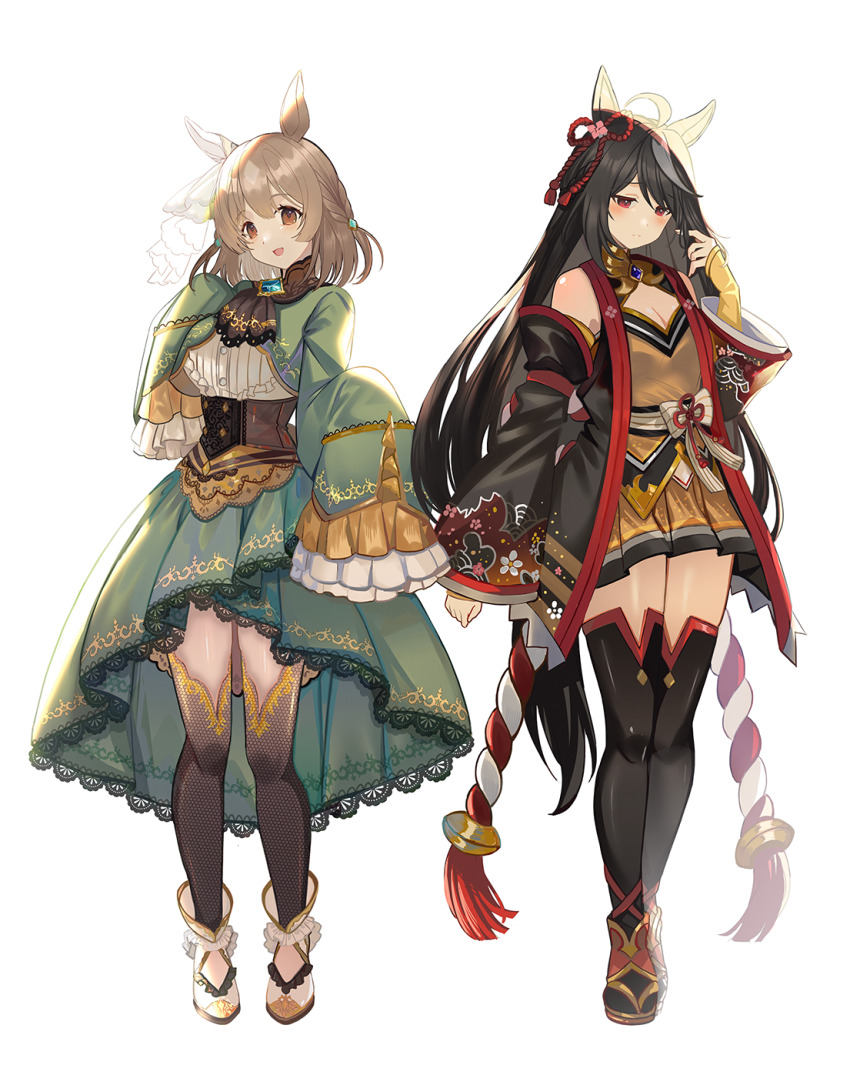 2girls, :d, ahoge, alternate_hair_length, alternate_hairstyle, animal_ears, ankle_boots, ascot