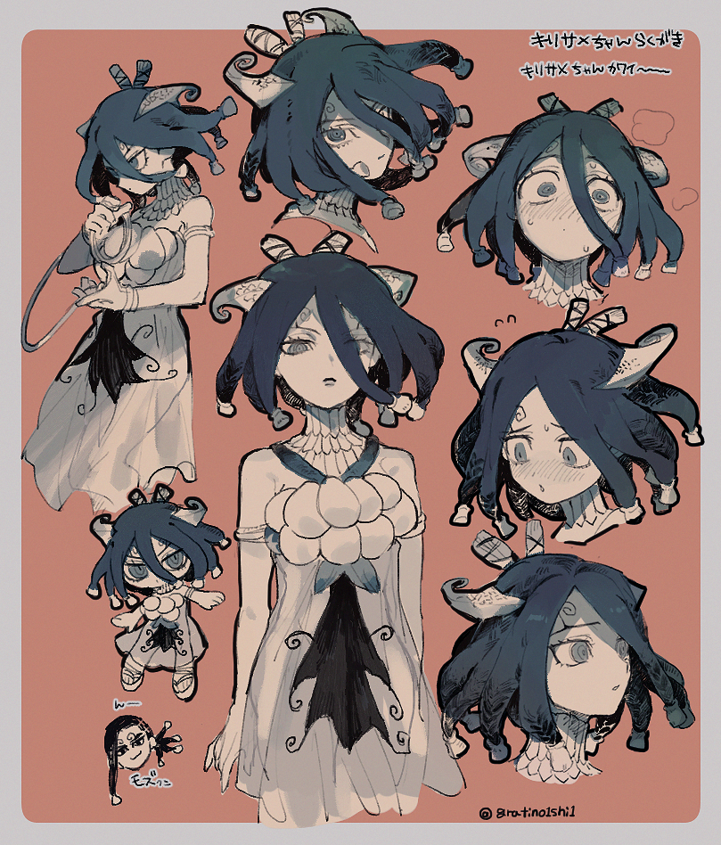 1boy, 1girl, @_@, blush, brown_background, chibi, closed_mouth, cowboy_shot, dr._stone, dress, multiple_expressions, greyscale_with_colored_background, kirisame_(dr._stone), looking_at_viewer, looking_away, mozu_(dr._stone), ringed_eyes, see-through_clothes, see-through_dress, short_hair, solo_focus, standing, twitter_username, yu_(zatta13chan)