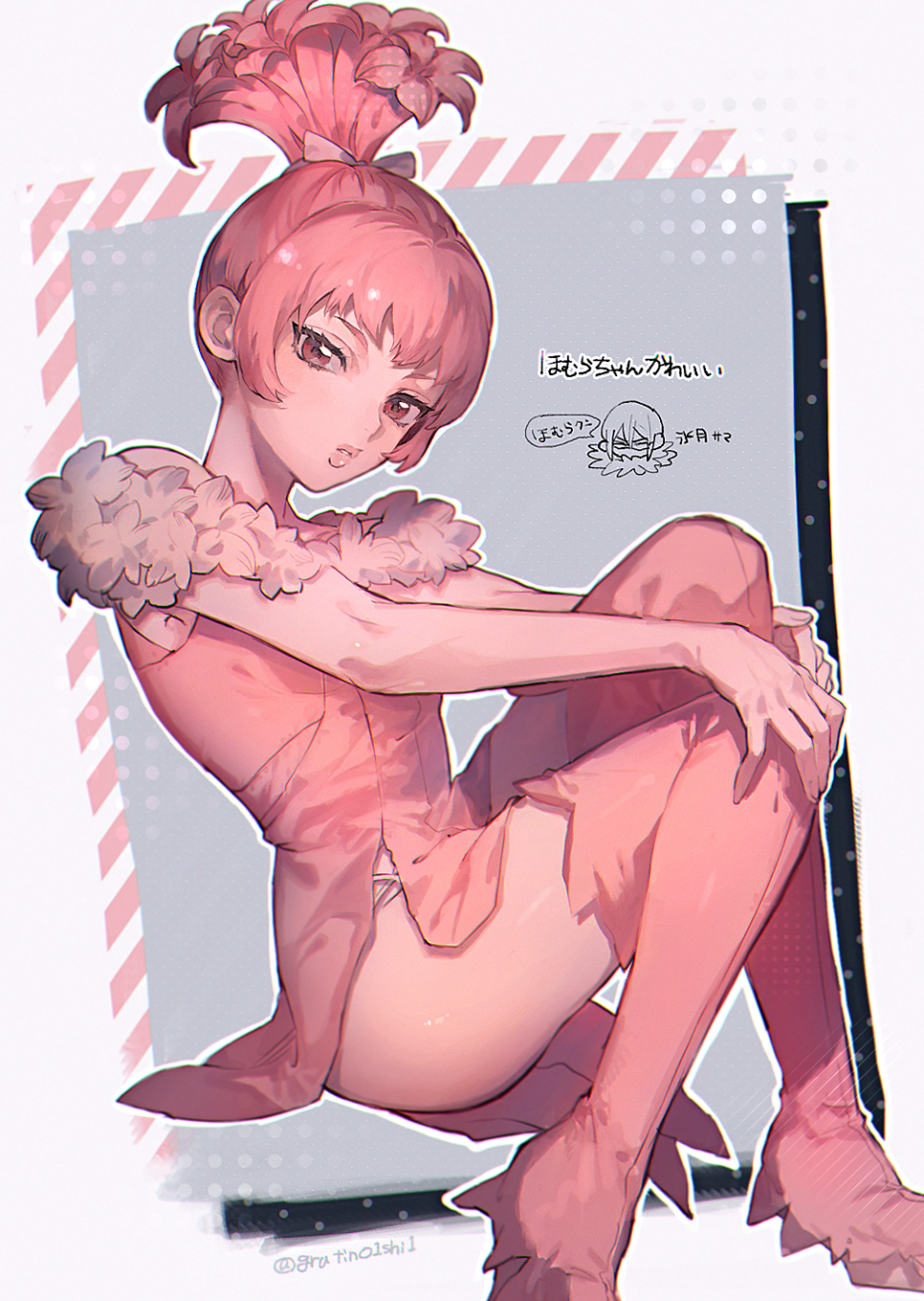 1girl, boots, commentary_request, dr._stone, dress, full_body, fur_trim, highres, hyoga_(dr._stone), knees_up, looking_at_viewer, momiji_homura, pink_boots, pink_dress, pink_eyes, pink_hair, short_dress, short_hair, sitting, thick_lips, thigh_boots, twitter_username, yu_(zatta13chan)