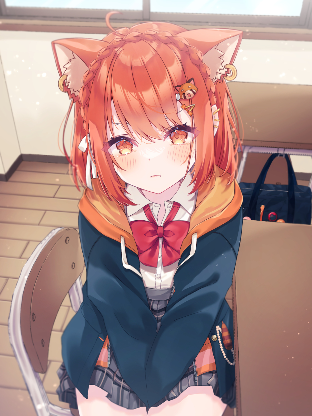 >:(, 1girl, :t, animal_ears, bag, between_legs, braid, chair