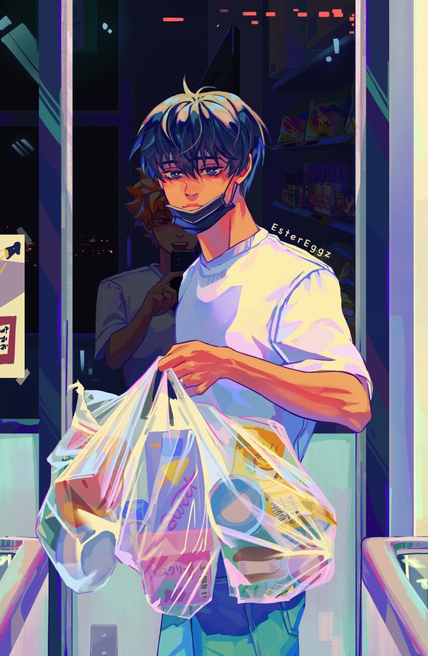 2boys, bag, black_eyes, black_hair, carrying_bag, estereggz, food, haikyuu!!