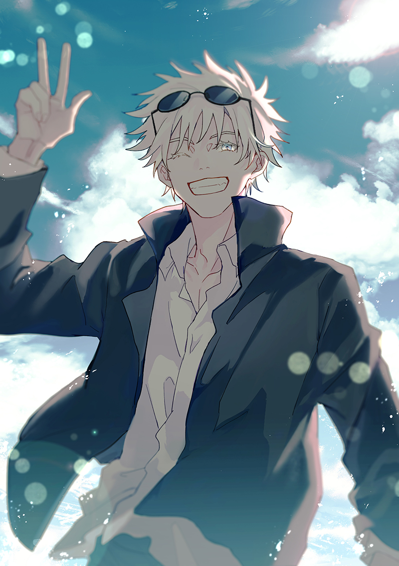 1boy, black_jacket, blue_eyes, blue_sky, blurry, bokeh, cloud, collared_shirt