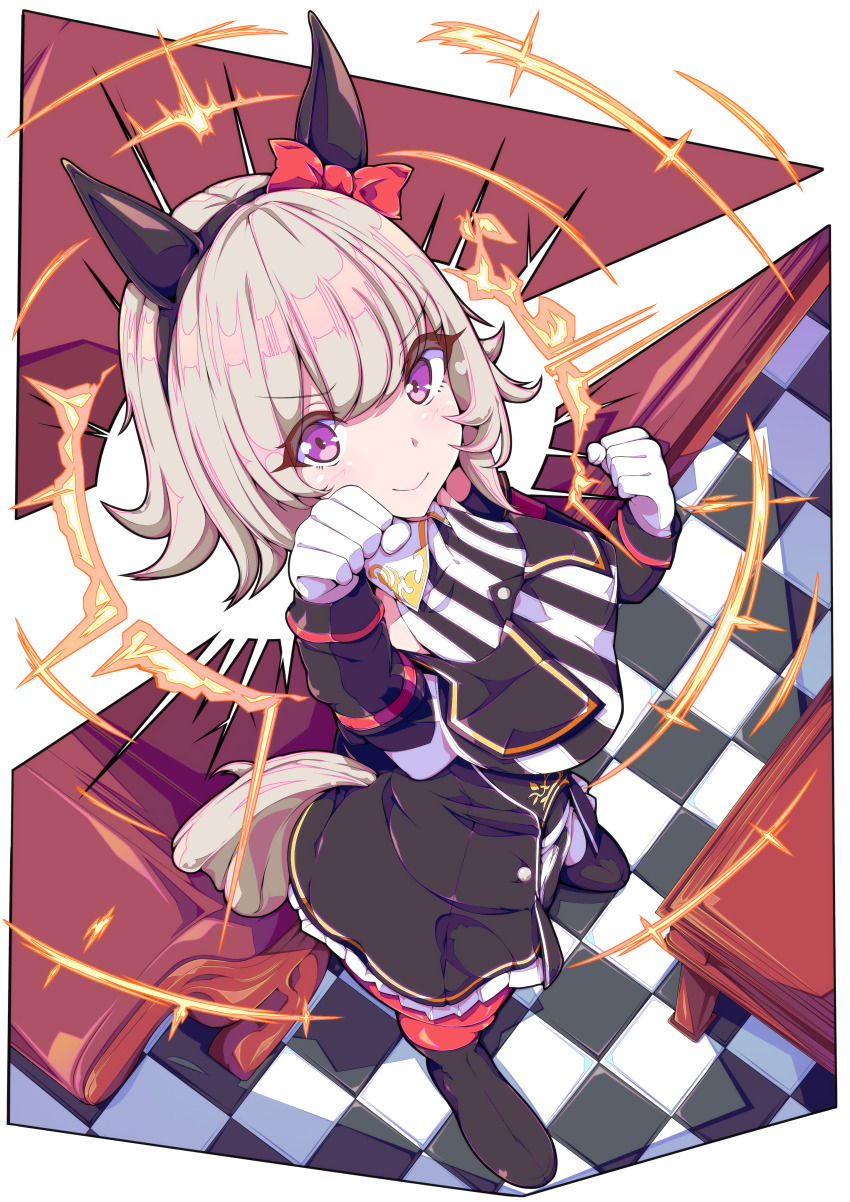 1girl, :>, absurdres, animal_ears, black_footwear, black_hairband, bow, checkered_floor