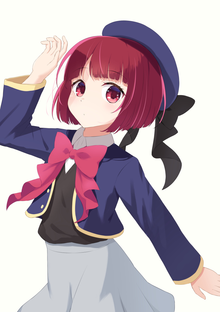 1girl, absurdres, arima_kana, arm_up, beret, black_bow, black_vest, blue_hat