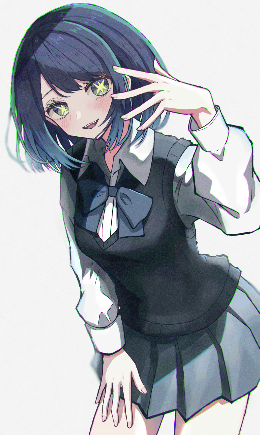 1girl, absurdres, aqua_eyes, black_sweater_vest, blue_bow, blue_bowtie, blue_hair, blush