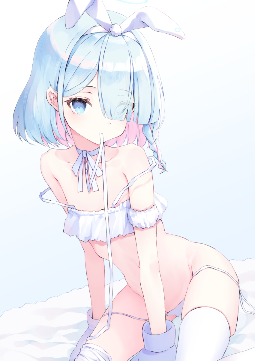 1girl, arona_(blue_archive), asymmetrical_bangs, bikini, blue_archive, blue_hair, blunt_bangs, braid