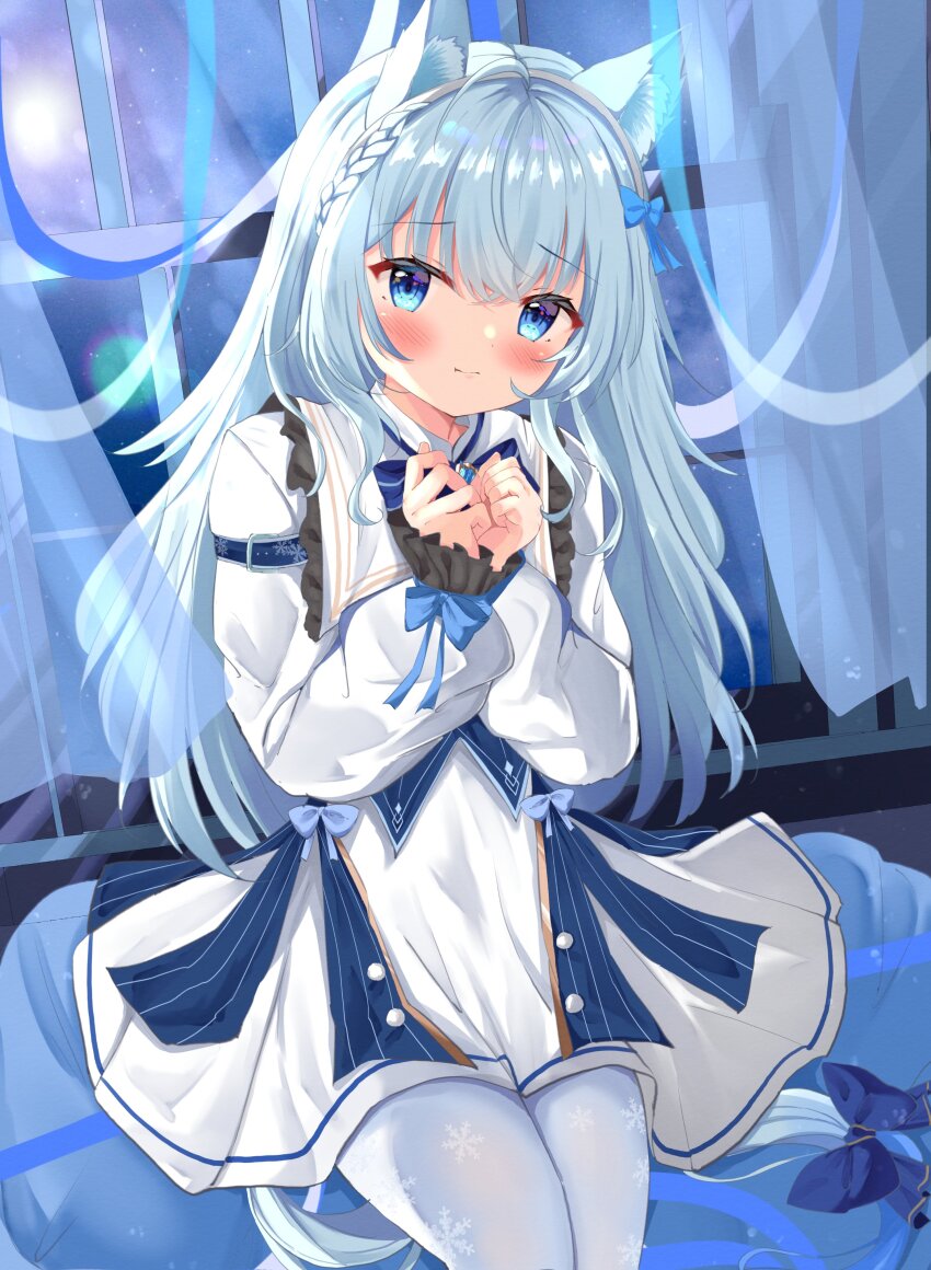 1boy, :t, absurdres, animal_ears, blue_eyes, blue_hair, collared_dress, commission