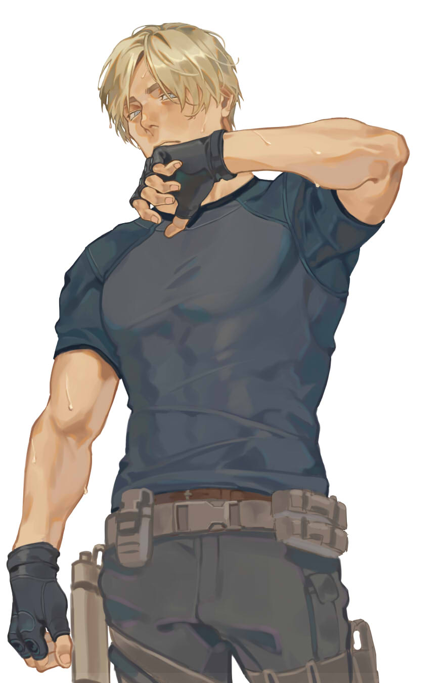 1boy, arm_up, avvo_(ekireikirei), belt_pouch, blonde_hair, blue_eyes, blue_shirt, fingerless_gloves