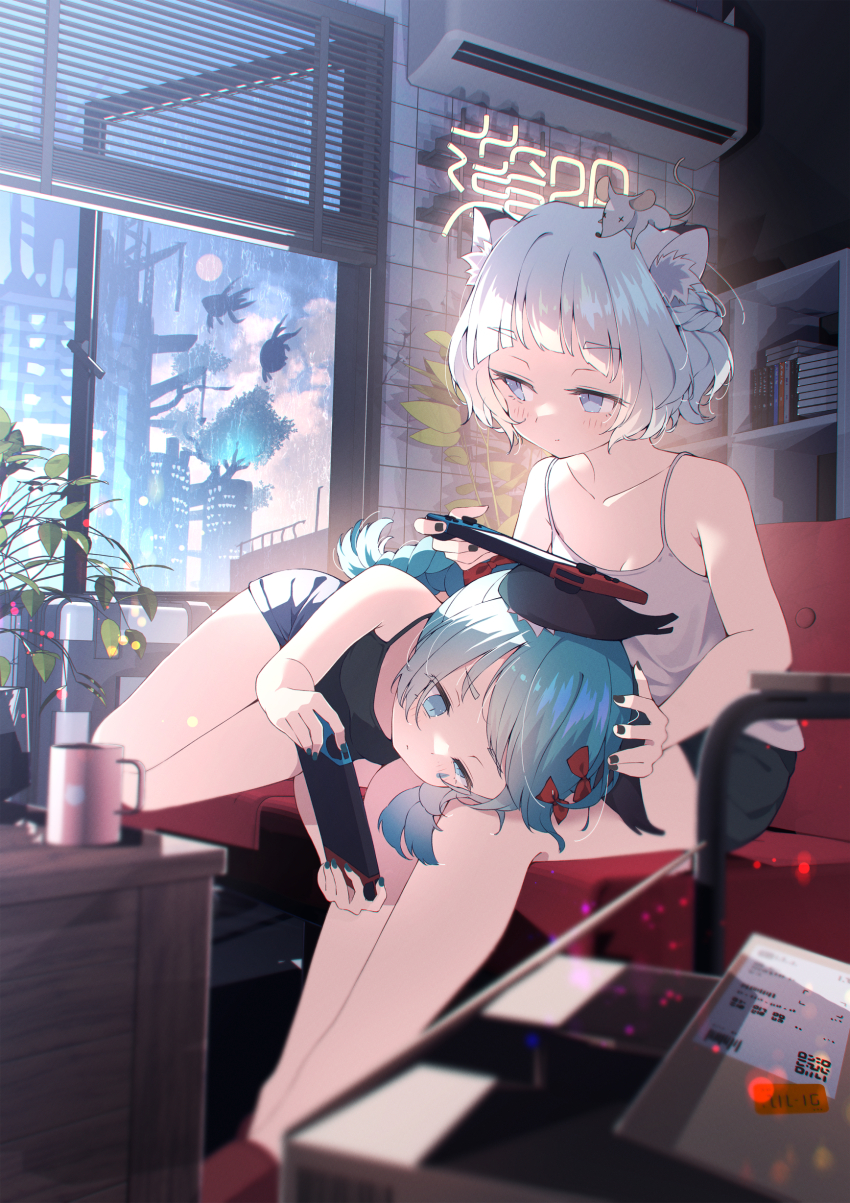 2girls, absurdres, air_conditioner, animal_ear_fluff, animal_ears, blue_eyes, blue_hair, blunt_bangs