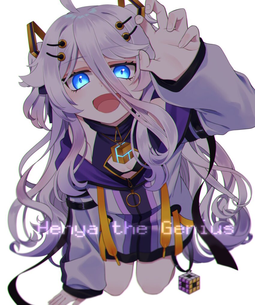 1girl, ahoge, all_fours, alternate_eye_color, black_bra, blue_eyes, bra, breasts