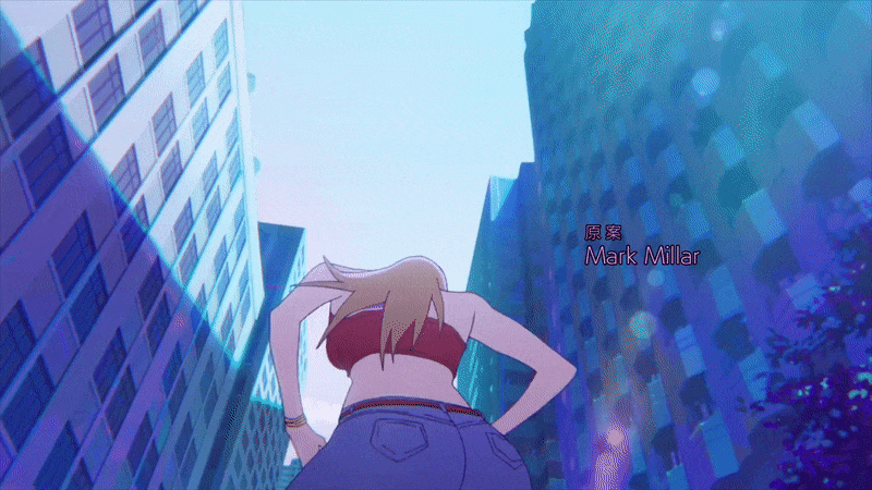 1girl, animated, ass, ass_focus, ass_shake, bangle, belt, blonde_hair, bracelet, building, city, cloud, credits, dancing, denim, female_focus, halterneck, jeans, jewelry, jupiter's_legacy, kasey_(super_crooks), lens_flare, long_hair, pants, solo, super_crooks, tree