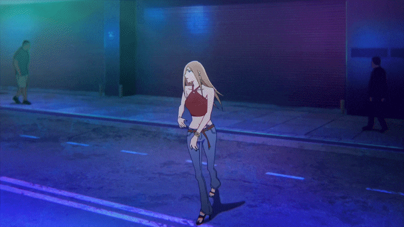 animated, armpits, arms_up, bangle, bell-bottoms, belt, blonde_hair, blue_eyes