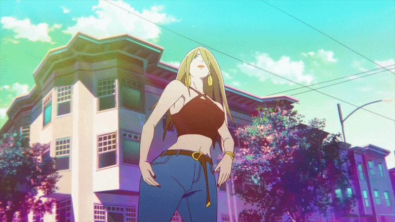 1girl, animated, armpits, arms_up, beckoning, belt, blonde_hair, blue_eyes