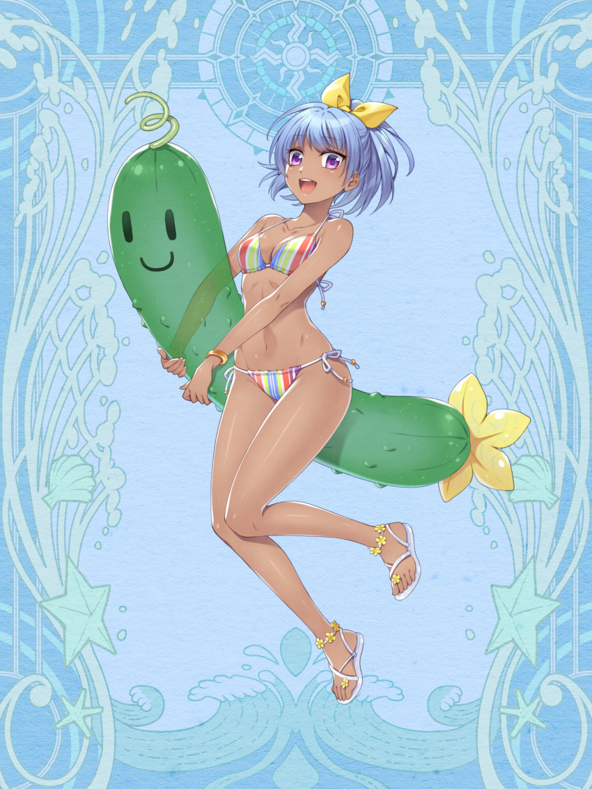 1girl, :d, asakawa_sarara, bee_ayakawa, bikini, blue_background, bow, bracelet, breasts, dairoku_ryouhei, dark-skinned_female, dark_skin, full_body, hair_bow, highres, inflatable_toy, jewelry, navel, open_mouth, purple_eyes, sandals, short_hair, side-tie_bikini_bottom, small_breasts, smile, solo, striped_bikini, striped_clothes, swimsuit, tan, yellow_bow
