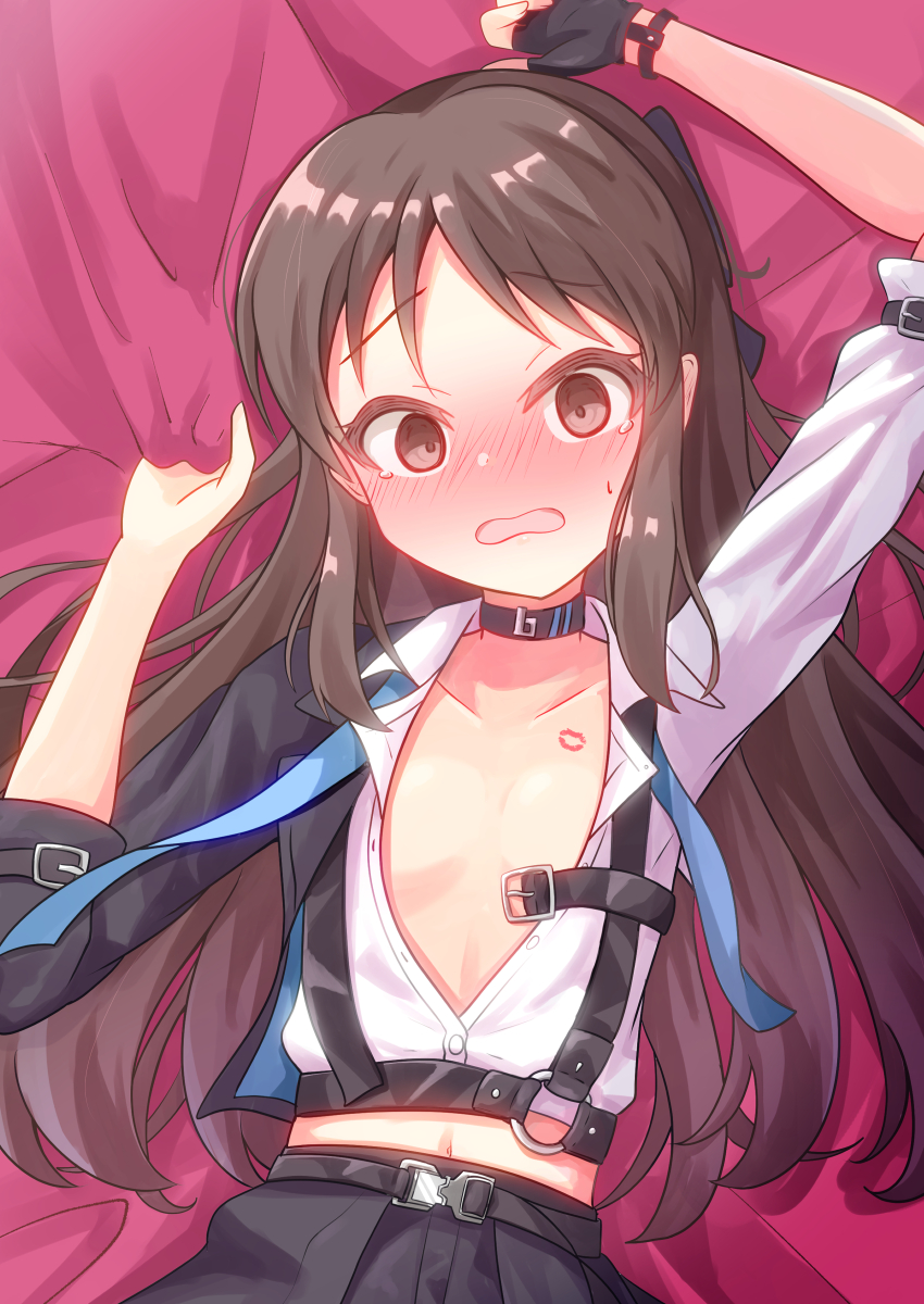 absurdres, belt, blush, breasts, brown_eyes, brown_hair, choker, fingerless_gloves