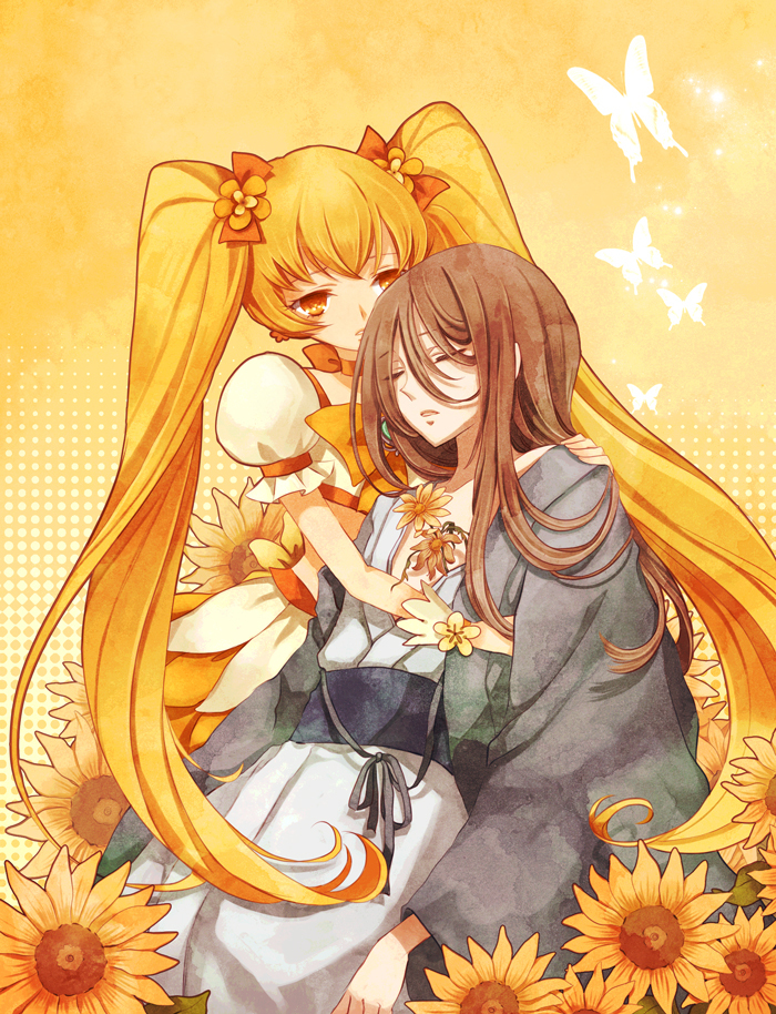 10s, 1boy, 1girl, blonde_hair, bow, brother_and_sister, bug, butterfly