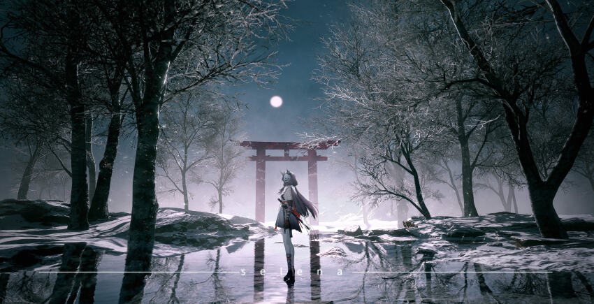 1girl, absurdres, bandaged_arm, bandages, black_gloves, breasts, elbow_gloves, forest