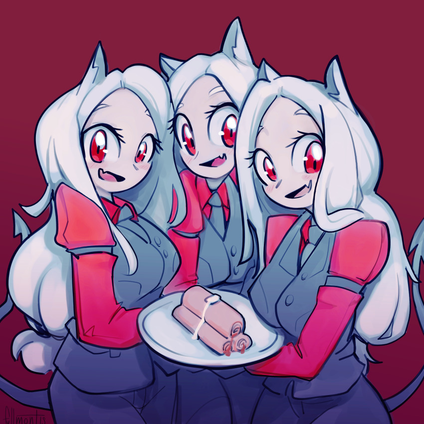 3girls, absurdres, animal_ears, black_necktie, black_sweater, blush, breasts, cerberus_(helltaker)