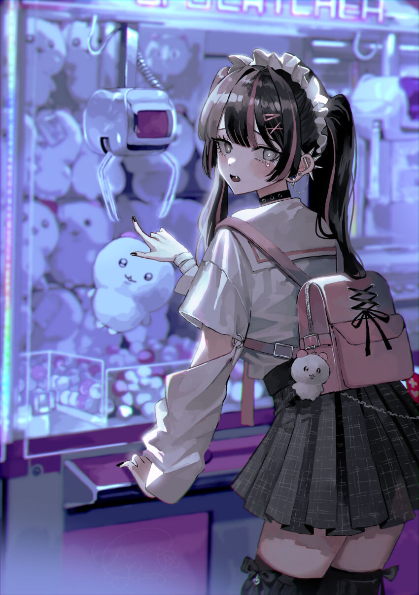 1girl, arcade, backpack, bag, barbell_piercing, black_choker, black_hair, black_nails, black_skirt, black_thighhighs, choker, commentary_request, cowboy_shot, crane_game, cross-laced_bag, ear_piercing, earrings, from_behind, grey_eyes, hair_intakes, hair_ornament, hairclip, highres, indoors, industrial_piercing, jewelry, jirai_kei, long_sleeves, looking_at_viewer, looking_back, maid_headdress, multicolored_hair, nail_polish, nanjo_maya, open_mouth, original, piercing, pink_bag, pink_hair, pleated_skirt, pointing, sailor_collar, school_uniform, serafuku, shirt, signature, skirt, solo, spiked_ear_piercing, standing, streaked_hair, stuffed_toy, tearing_up, thighhighs, two-tone_hair, white_sailor_collar, white_serafuku, white_shirt, x_hair_ornament, zettai_ryouiki