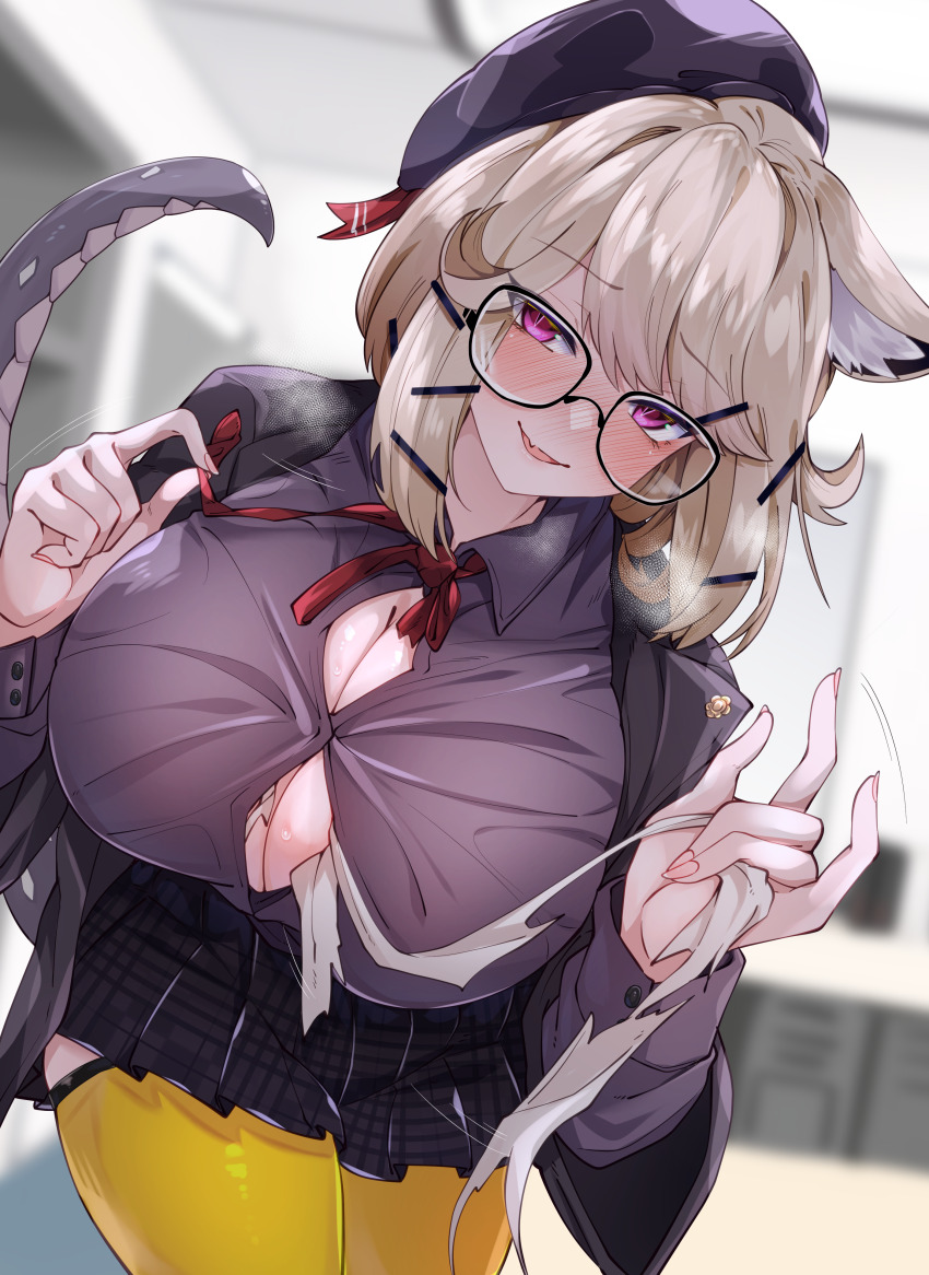 1girl, absurdres, animal_ear_fluff, animal_ears, arknights, bandages, black_jacket, black_shirt, black_skirt, breast_expansion, breasts, cleavage, commission, glasses, hair_ornament, hands_up, hat, highres, holding, holding_bandages, huge_breasts, jacket, kurarome, long_sleeves, medium_hair, neck_ribbon, official_alternate_costume, open_clothes, open_jacket, pleated_skirt, purple_eyes, ribbon, shirt, skeb_commission, skirt, solo, tail, textless_version, thighhighs, utage_(arknights), utage_(disguise)_(arknights), yellow_thighhighs
