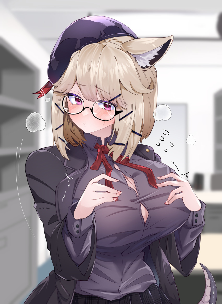 1girl, absurdres, animal_ear_fluff, animal_ears, arknights, black_jacket, black_shirt, black_skirt