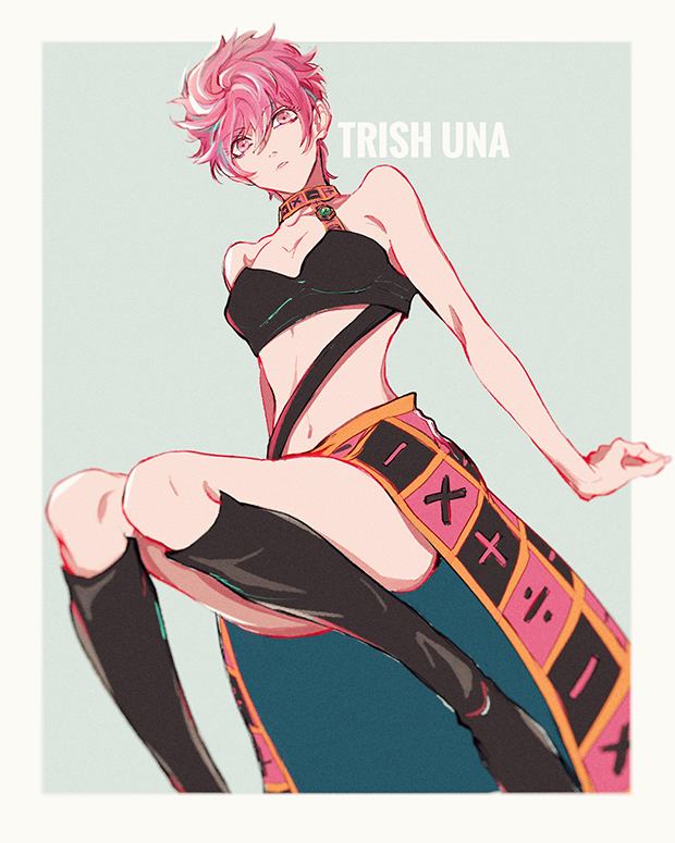 1girl, bare_shoulders, black_boots, black_tube_top, boots, breasts, character_name, closed_mouth, collarbone, commentary_request, jojo_no_kimyou_na_bouken, lips, looking_at_viewer, medium_breasts, mizudama, navel, pink_eyes, pink_hair, pink_lips, pink_skirt, skirt, solo, strapless, trish_una, tube_top, vento_aureo