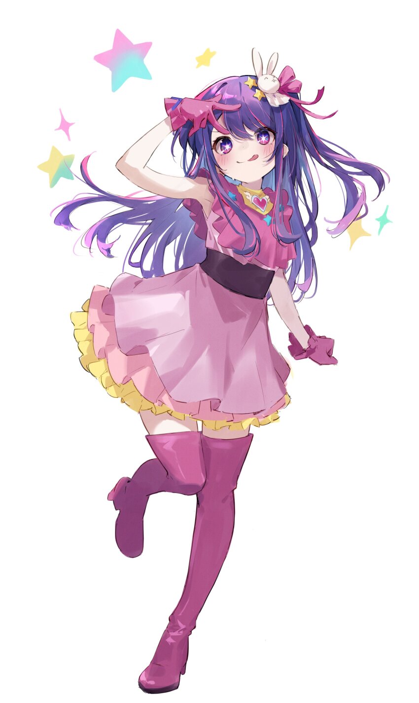 1girl, :q, absurdres, blush, boots, brooch, dress, frilled_dress, frilled_gloves, frills, full_body, gloves, hair_between_eyes, hair_ornament, heart, heart_brooch, highres, hoshino_ai, jewelry, long_hair, oguri_(oguri_yuta), one_side_up, oshi_no_ko, pink_boots, pink_dress, pink_gloves, purple_eyes, purple_hair, rabbit_hair_ornament, sidelocks, simple_background, sleeveless, sleeveless_dress, solo, standing, standing_on_one_leg, star-shaped_pupils, star_(symbol), swept_bangs, symbol-shaped_pupils, thigh_boots, tongue, tongue_out, v, white_background