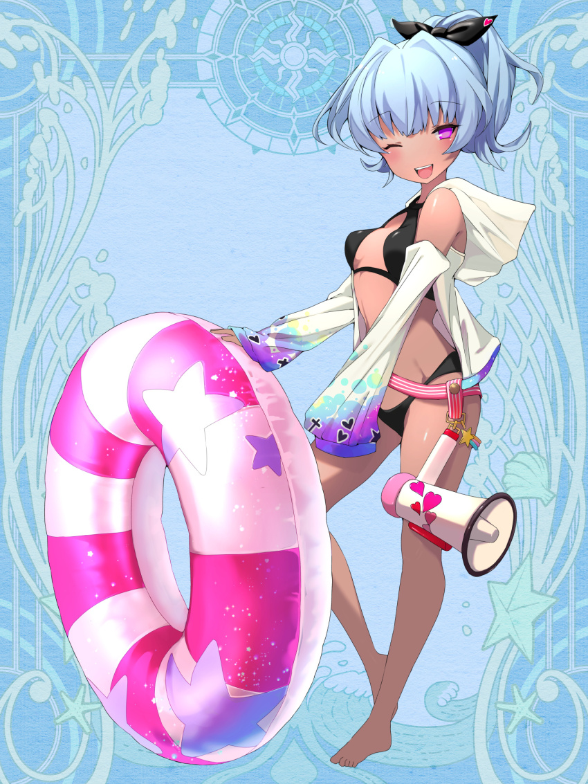 1girl, ;d, asakawa_sarara, barefoot, bikini, black_bikini, black_bow, blue_background, blue_hair, bow, breasts, dairoku_ryouhei, dark-skinned_female, dark_skin, detached_sleeves, full_body, hair_bow, highres, innertube, megaphone, nerutora, one_eye_closed, open_mouth, purple_eyes, short_hair, small_breasts, smile, solo, standing, swim_ring, swimsuit