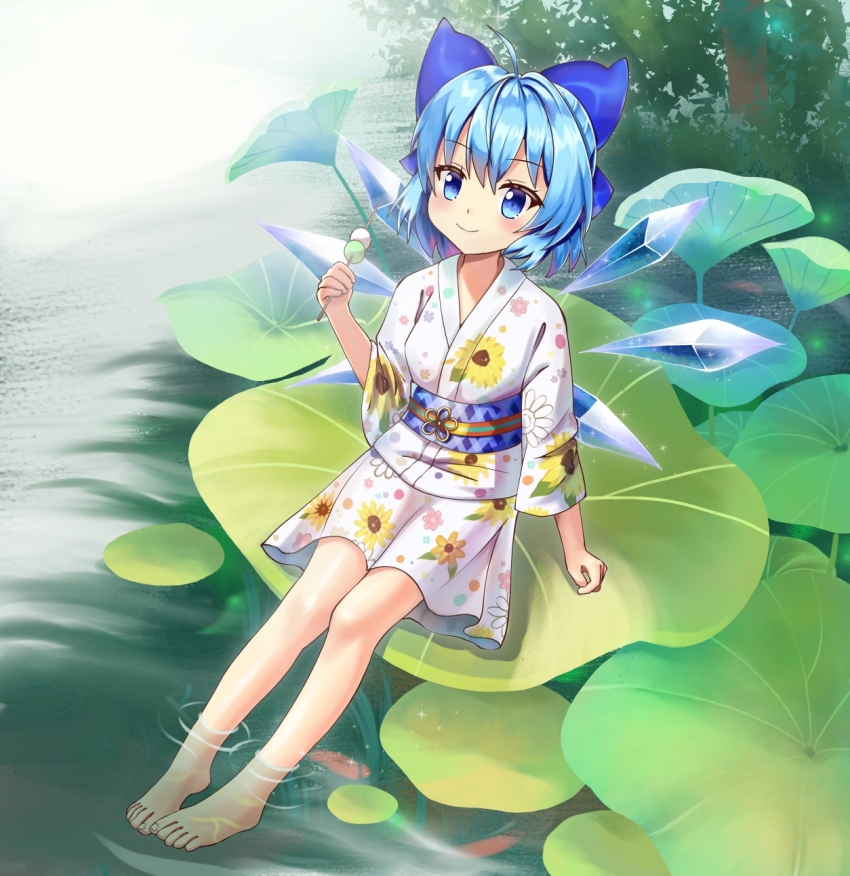 barefoot, blue_bow, blue_eyes, blue_hair, blue_sash, bow, breasts, brooch
