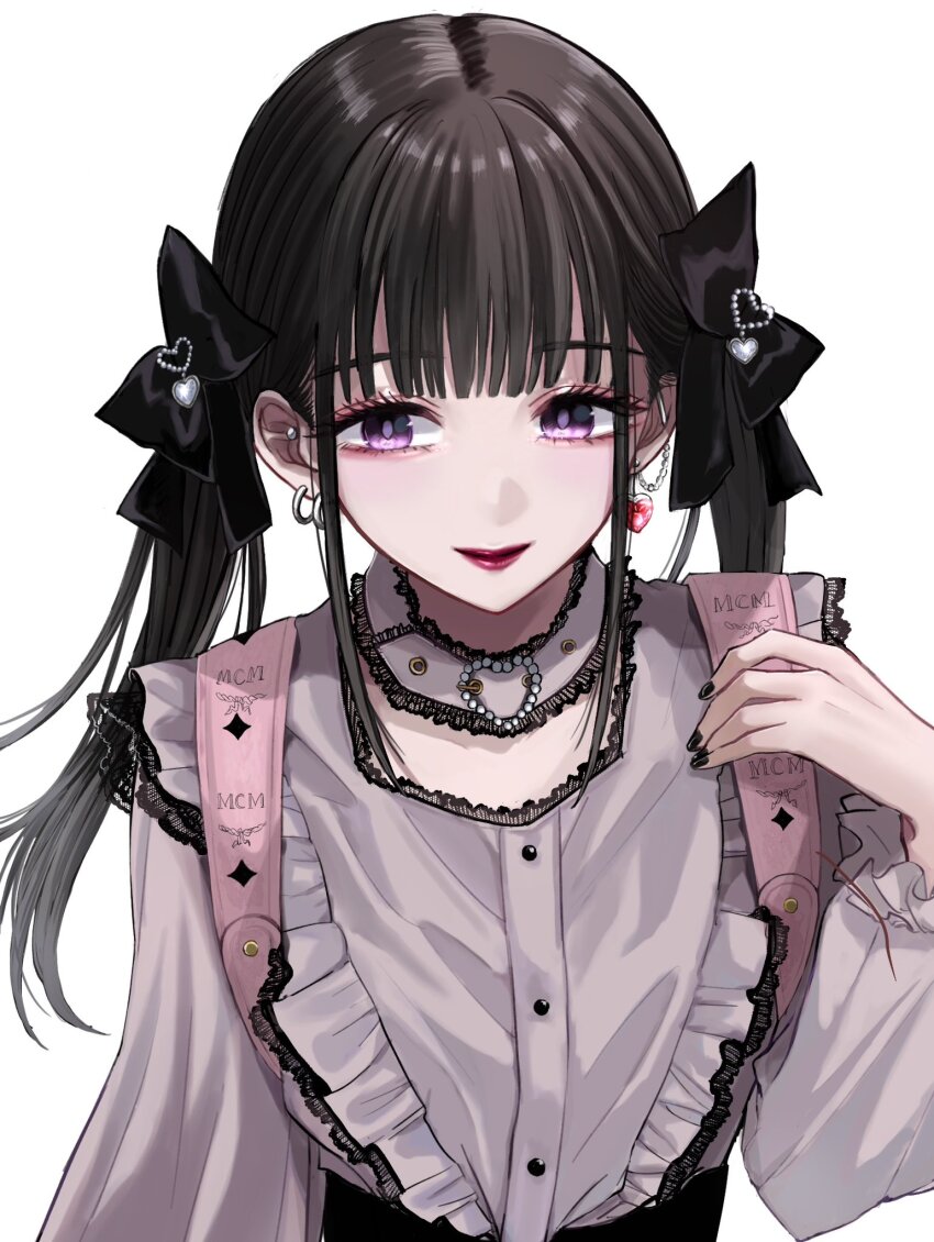 1girl, ashita_watashi_wa_dareka_no_kanojo, black_bow, black_hair, blunt_bangs, bow, braid, earrings