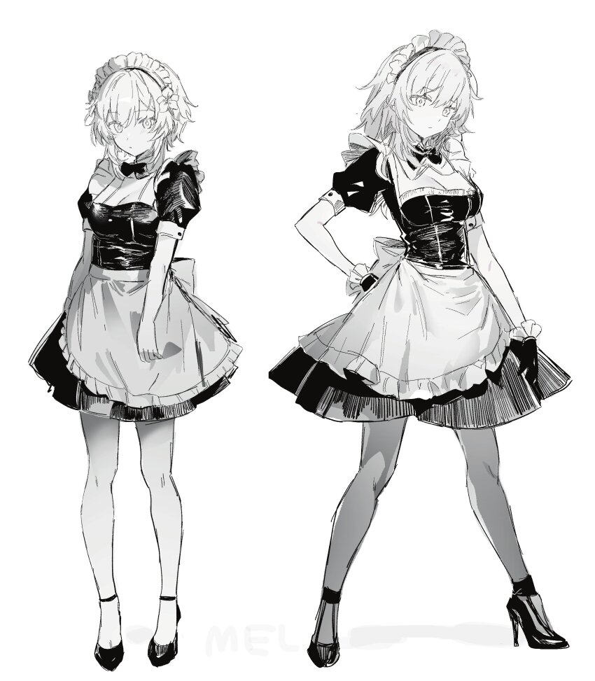 2girls, absurdres, apron, back_bow, bow, bowtie, closed_mouth, commentary, company_connection, flower, frilled_gloves, frills, full_body, genshin_impact, ginoko, gloves, hair_flower, hair_ornament, highres, honkai:_star_rail, honkai_(series), long_hair, looking_at_viewer, lumine_(genshin_impact), maid, maid_apron, maid_headdress, mihoyo, multiple_girls, pantyhose, puffy_short_sleeves, puffy_sleeves, shoes, short_hair_with_long_locks, short_sleeves, simple_background, stelle_(honkai:_star_rail), trailblazer_(honkai:_star_rail), wrist_cuffs