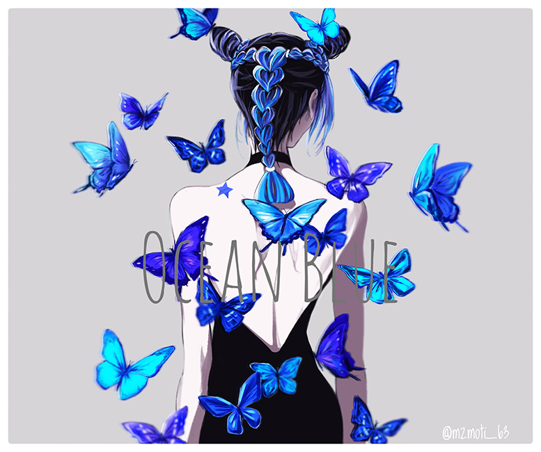 1girl, back, backless_dress, backless_outfit, birthmark, black_dress, black_hair, blue_hair