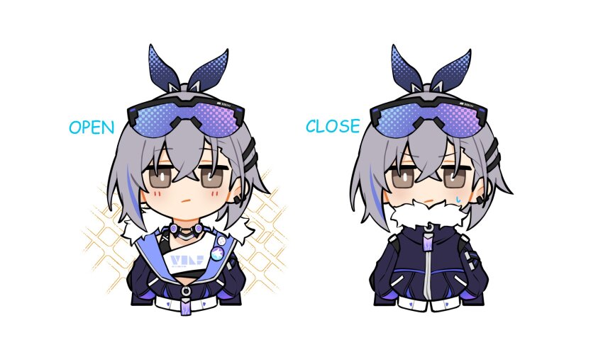 1girl, blue_bow, blush, bow, brown_eyes, chibi, closed_mouth, fur-trimmed_jacket