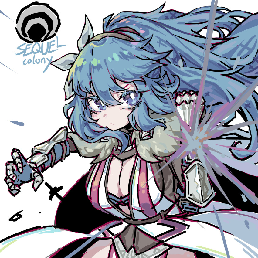 1girl, absurdres, alasharx, auris_(sequel), blue_bra, blue_gloves, blue_hair, bra