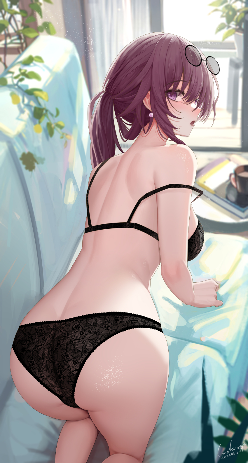 1girl, absurdres, all_fours, artist_name, ass, black_bra, black_panties, blurry, blurry_background, bra, breasts, corderoy, dated, earrings, eyewear_on_head, hair_between_eyes, highres, honkai:_star_rail, honkai_(series), indoors, jewelry, kafka_(honkai:_star_rail), large_breasts, long_hair, looking_at_viewer, looking_back, open_mouth, panties, purple_eyes, purple_hair, shoulder_blades, skindentation, solo, strap_slip, underwear, underwear_only
