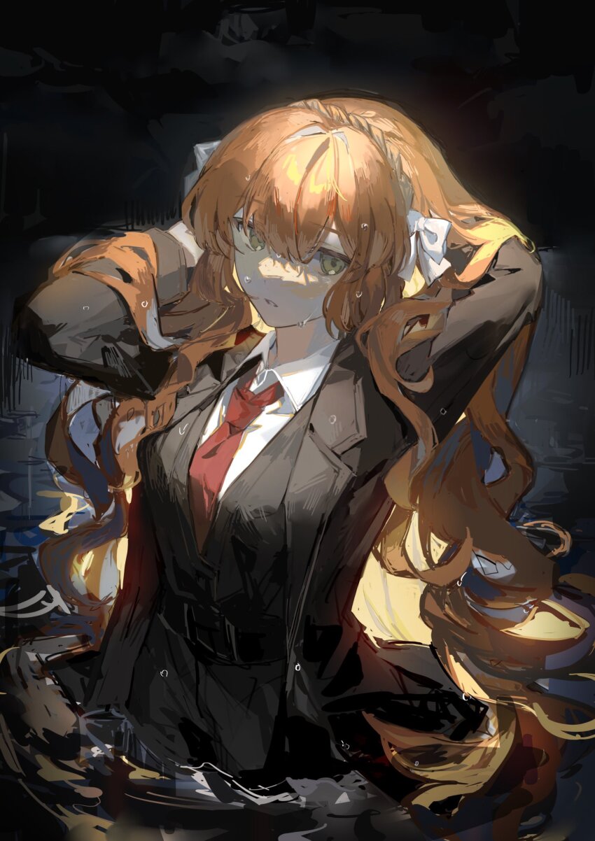 1girl, arms_up, belt, black_belt, black_coat, black_pants, black_vest, bow