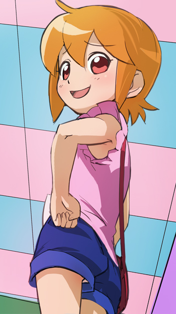 1girl, :d, armpit_peek, bag, blue_shorts, hands_on_own_hips, haruyama_kazunori, kuromajo-san_ga_tooru!!, looking_at_viewer, open_mouth, orange_hair, short_hair, shorts, shoulder_bag, smile, smug, solo, touka_blossom