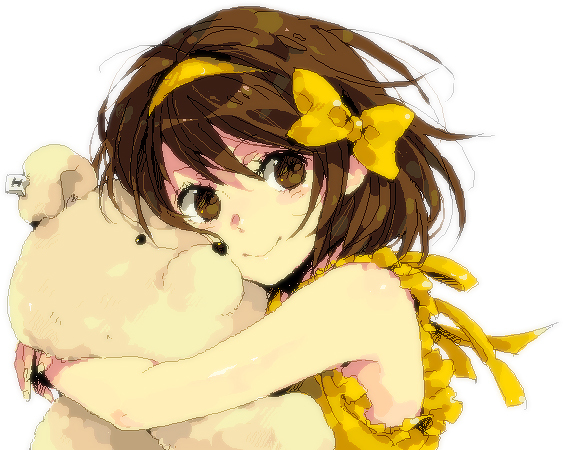 1girl, bad_id, bad_pixiv_id, bare_shoulders, brown_eyes, brown_hair, doll, female_focus, hair_ribbon, hairband, hug, hugging_doll, hugging_object, ribbon, smile, solo, stuffed_animal, stuffed_toy, suzumiya_haruhi, suzumiya_haruhi_no_yuuutsu, teddy_bear, zan_nenko