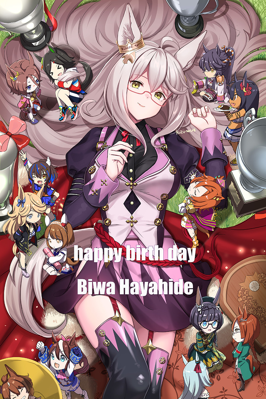 >_<, 6+girls, ahoge, animal_ears, artist_name, banana, biwa_hayahide_(pf._winning_equation...)_(umamusume), biwa_hayahide_(umamusume)