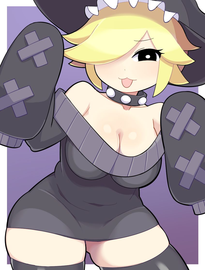 1girl, black_choker, black_dress, black_eyes, black_hat, black_thighhighs, blonde_hair, blush, breasts, choker, cleavage, commentary_request, cookie_(touhou), cowboy_shot, dress, fake_yuuhi_(cookie), frilled_hat, frills, hair_between_eyes, hair_over_one_eye, hat, hospital_king, large_breasts, long_bangs, long_sleeves, looking_at_viewer, off-shoulder_dress, off_shoulder, open_mouth, purple_background, shiny_skin, short_dress, sleeves_past_fingers, sleeves_past_wrists, smile, solo, studded_choker, sweater, sweater_dress, thighhighs, two-tone_background, white_background, witch_hat