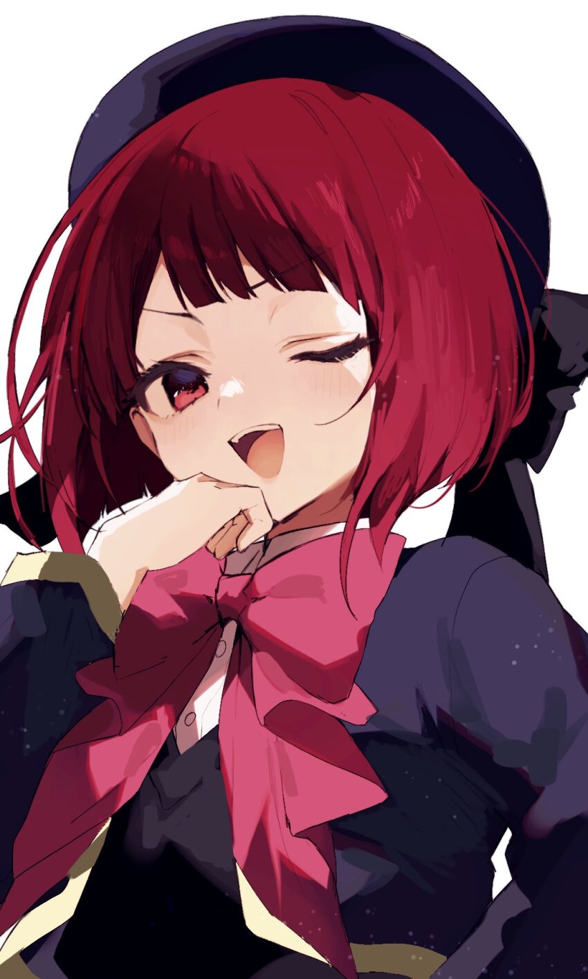 1girl, ;d, arima_kana, beret, black_bow, black_ribbon, black_shirt, blue_hat, blue_jacket, blunt_bangs, blush, bob_cut, bow, bowtie, collared_shirt, commentary, hand_up, hat, hat_bow, highres, inverted_bob, jacket, light_blush, long_sleeves, looking_at_viewer, nacl_chica, one_eye_closed, open_mouth, oshi_no_ko, pink_bow, pink_ribbon, red_bow, red_bowtie, red_eyes, red_hair, ribbon, school_uniform, shirt, short_hair, simple_background, skirt, smile, solo, untranslatable_commentary, teeth, tongue, upper_body, white_background, white_shirt, youtou_high_school_uniform